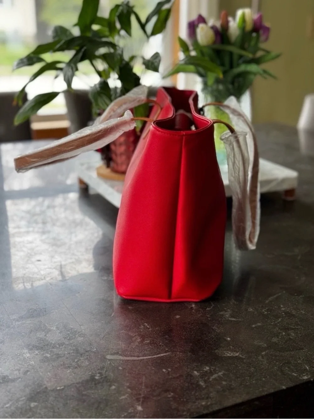 NWT Nautica Tote Bag - Bright Red with Tan Handles